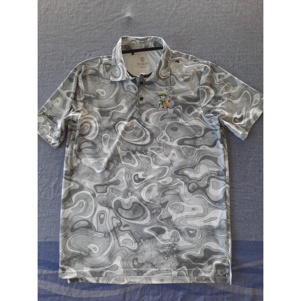 Scales Men Performance Polo Shirt Medium Grey Topographic Print Fishing Golf SEE